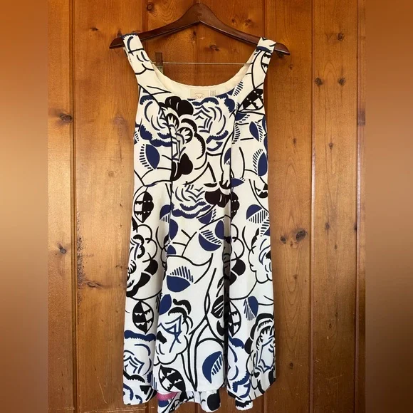 Anthropologie Blue and Black Vanessa Virginia Ink Blooms Floral Dress - Picture 4 of 5